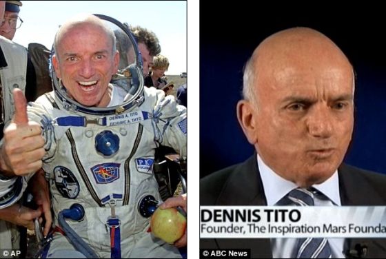 　　左侧照片中，美国亿万富翁丹尼斯-蒂托结束国际空间站之旅，回到地球。他是历史上第一位太空游客。右侧照片中，蒂托正在讲述他的火星之旅计划，此时距离他遨游太空已经过去12年