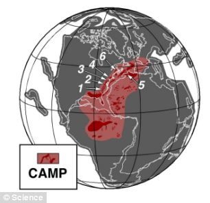 侏罗纪早期的板块构造图，展示2亿年前一系列大规模火山喷发发生时的中大西洋岩浆区分布情况
