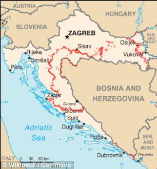 克罗地亚的布雷区(红色)，占地683.4平方公里，这个地区被认为埋有大约9万颗地雷