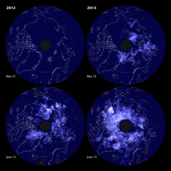 　　美国国家航空航天局地球观测站(NASA's Earth Observatory)今日公布了一组卫星照片，展示了北极上空美丽的夜光云景象。