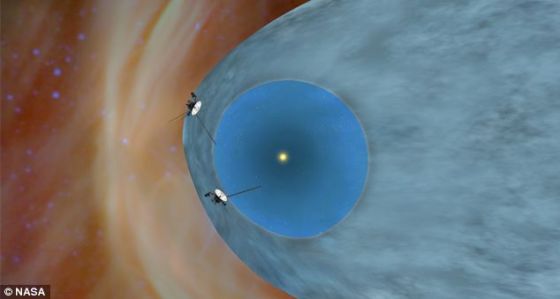 　　这张艺术想象图显示了旅行者1号和2号在日鞘（heliosheath）区域进行探索的情形。日鞘是太阳圈的终端激波外面的区域，太阳风在此处与星际物质发生相互作用，从而减速、压缩或产生湍流。