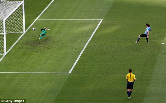 　　在6月14日乌拉圭对阵哥斯达黎加的比赛中，乌拉圭队的埃迪森-卡瓦尼成功罚进一粒点球。伦敦布鲁内尔大学进行的一项研究发现顶级守门员在罚点球时准确判断射门方向的几率高达70%，但由于受一系列因素影响，最后只有22%的射门被成功扑救。