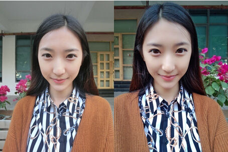 (左图为卡西欧TR350S自拍效果，右图为美图手机2自拍效果)