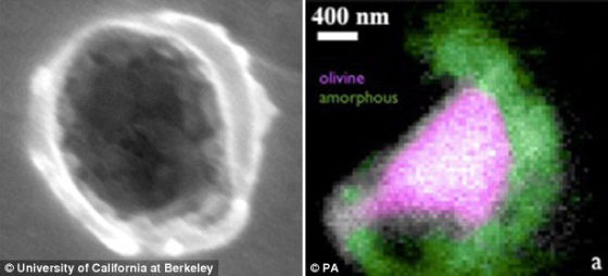 　　左图展示了星际尘埃撞击“星尘”号飞船铝箔片时留下的小坑，直径大约280纳米。在相当于一根头发的宽度内，科学家发现400个这个撞击坑。右图展示了带有结晶质矿物橄榄石(粉红色)的星尘尘埃。