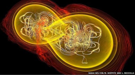 引力波被认为源自一些非常高能的事件，如两颗中子星的相互融合 
