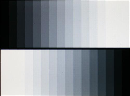 灰阶     对比度500:1的屏幕,在这个黑白阶过渡的测试简直小试身手,就