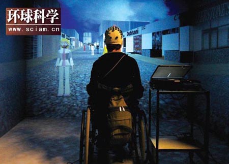 离不开轮椅的四肢麻痹患者，借助电极帽采集到的脑电波能够穿过虚拟的街道