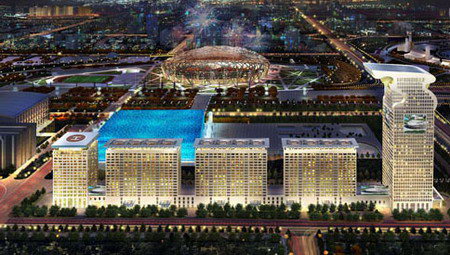 图为位于鸟巢和水立方附近的盘古大观效果图