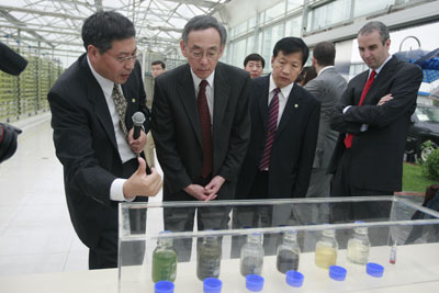 朱棣文详细了解”微藻吸碳“技术成果。（图片来源：新浪财经）