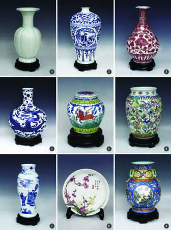 图2：1、北宋 影青瓜棱瓶 2、元青花四爱图梅瓶 3、明洪武 釉里红缠枝牡丹纹玉壶春瓶 4、明永乐 青花龙唐草纹天球瓶 5、明成化斗彩海水天马纹天字罐 6、明万历 五彩百鹿罐 7、清康熙 青花指日高升图观音瓶 8、清雍正 珐琅彩题诗过墙梅竹纹盘 9、清乾隆粉彩蓝地开光山水转心瓶