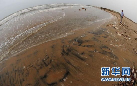 这是7月25日在河北省乐亭县浪窝口一处海滩上拍摄的油污。新华社记者巩志宏摄