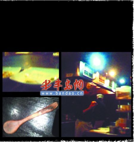 左上图：传菜单被直接放进菜里。左下图：不少木勺已经发霉。右图：厨房内偷吃现象很普遍。