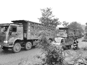 几十辆大货车排队等待拉矿石