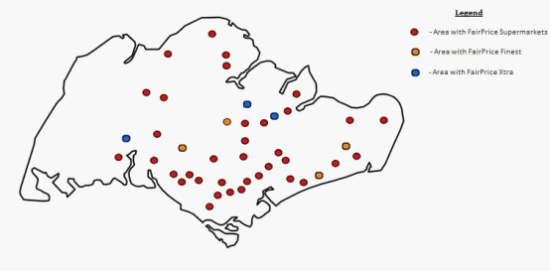 FairPrice各类型超市全新加坡分布图。占据新加坡半壁江山。（图片来源：FairPrice官网）