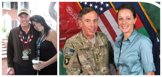 　　上图：CIA原局长彼得雷乌斯与吉尔凯利，下图：彼得雷乌斯与传记女作家保拉-布劳德维尔，整个事件是由于保拉给凯莉写威胁邮件，导致FBI调查并曝光。(图片来源：NYDailyNews)