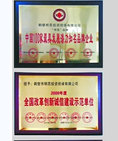 明昆担保公司的获奖证书(会议地址为全国人大会议中心)