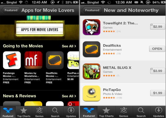 　　2013年4月Dealflicks iPhone应用推出一周下载达到4000次，很快进入苹果推选的“新晋值得关注应用”、“热门应用下载” 和”电影爱好者应用推荐“ 等排行榜。(截图由Dealflicks提供)