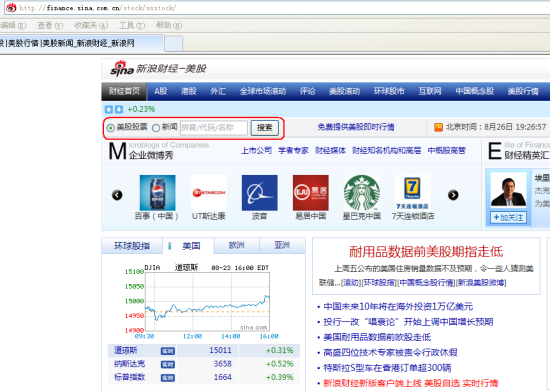 新浪美股入口(红框标红)，点击进入该页面