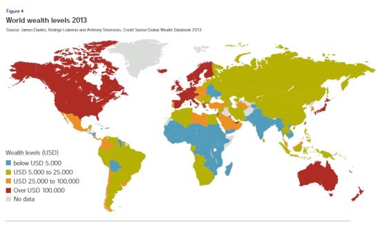 　　图4 2013年世界财富水平 来源：James Davies、Rodrigo Lluberas和Anthony Shorrocks，瑞信银行2013年全球财富数据手册
