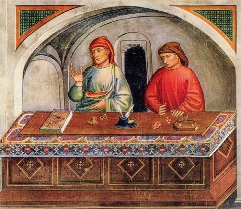 那时在街市上各地的商人要找银行家非常好找，每个人带一个长板凳，就在长板凳上进行交易。一个大口袋装着所有的单据和契约，另一个大口袋装着各种各样的货币