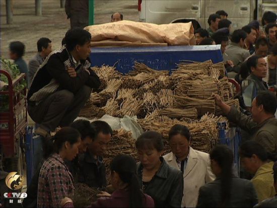 聚集在当地集贸市场卖药材的药农