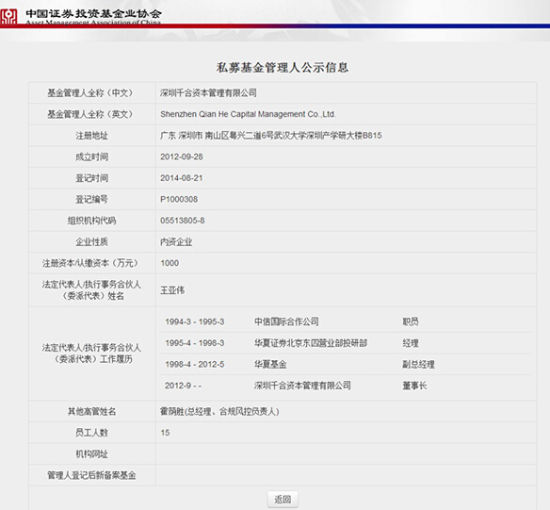 千合资本登记资料(图片来源：基金业协会官网)