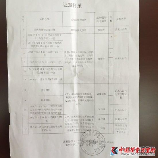 图为：中铁十局西北公司法律事务部的夏律师向记者出示的一份“证据目录”