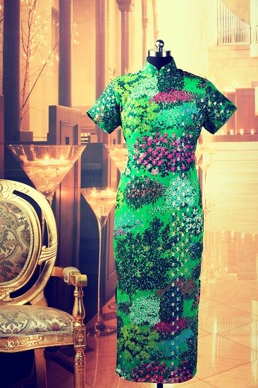 A green floral Mandarin dress from Ms. Song's collection