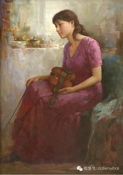 区础坚 《小提琴手》布面油画 115X81cm 2009年 ps:区础坚所画女性人体，具有单纯含蓄的优点.尽管画家掌握了高度的写实技巧，但在表现女性人体时，却决不做处处通真纤毫毕露的描绘。惟其单纯含蓄，才更显纯净雅洁，给人以健康的美感。