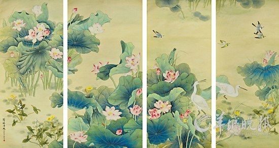 俞致贞《荷塘清趣》四联屏(荣宝斋春拍上拍)