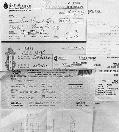 　　香港的餐饮发票、住宿发票、培训班发票、购物发票等。