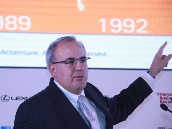 《哈佛商业评论》中文版于2014年10月23日在北京举办《哈佛商业评论》中国年会·2014。主题为：动荡年代的基业长青。上图为埃森哲卓越绩效研究院全球董事总经理保罗·纽恩斯。 (图片来源：新浪财经 刘海伟 摄)