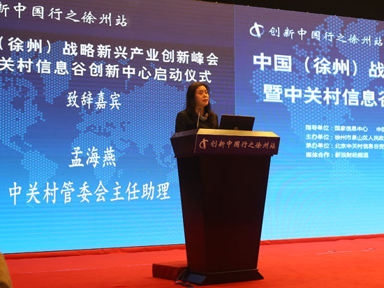 “中国(徐州)战略新兴产业创新峰会暨中关村信息谷创新中心启动仪式”于2015年10月17日举行。上图为中关村管委会主任助理孟海燕。(图片来源：新浪财经)