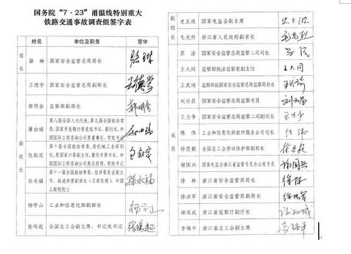 　附件：国务院“7•23”甬温线特别重大铁路交通事故调查组签字表
