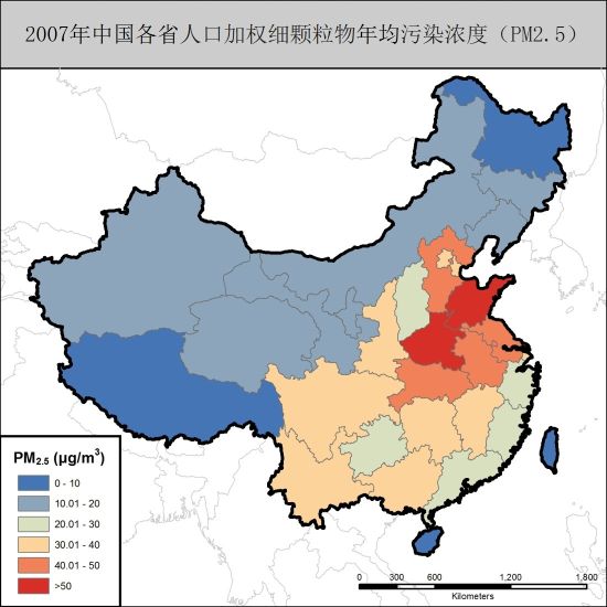 　　图一，2007年中国各省人口加权细颗粒物年均污染浓度（PM2.5）&nbsp;