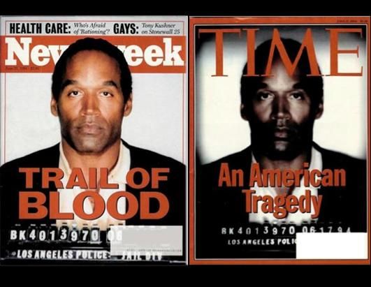 《新闻周刊》1994年6月27日版刊发前美国橄榄球巨星O.J.辛普森(O.J. Simpson)的面部照片，而《时代周刊》刊登了同一张照片，却用数码技术进行了修改。