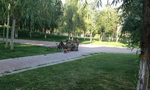 　　请细看我拍的这幅照片，是在市委市政府不远处的绿化林地里拍的，这些穿迷彩服的人远看像武警战士，其实是一群割草的工人在休息，他们身边放的是割草机。