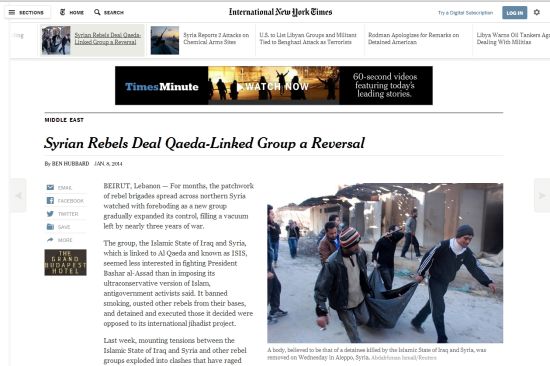 纽约时报网站新版正文页，导航栏被折叠成一个按钮放在了页面左上角。