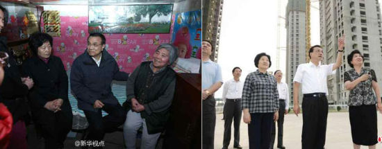 　　左图：2013年12月27日，李克强赴天津考察棚户区，与棚户区居民座谈。右图：2014年9月，李克强再次来到天津市西于庄棚户区改造工程现场，考察建设进展。