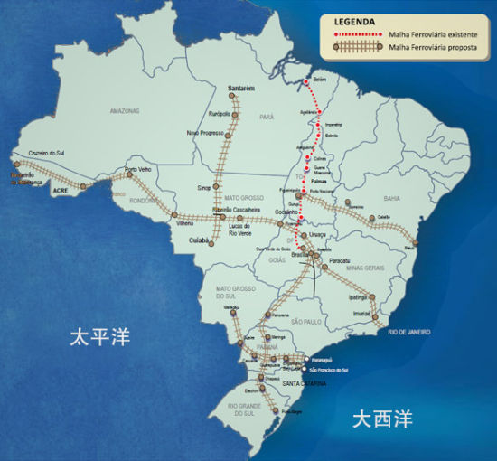 两洋铁路规划图，红线为建成线路