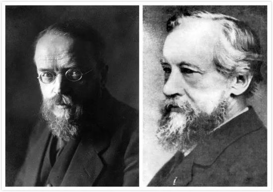 右：荷兰植物学家德弗里斯（Hugo de Vries，1848—1935）；左：德国植物学家柯伦斯（Carl Correns，1864—1933）