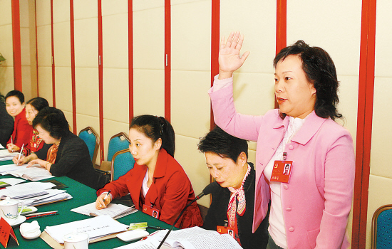 图为十七大代表,衢州二中教师叶霜举手发言.