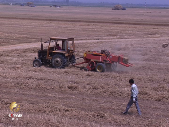 在麦田里往来穿梭的机械设备