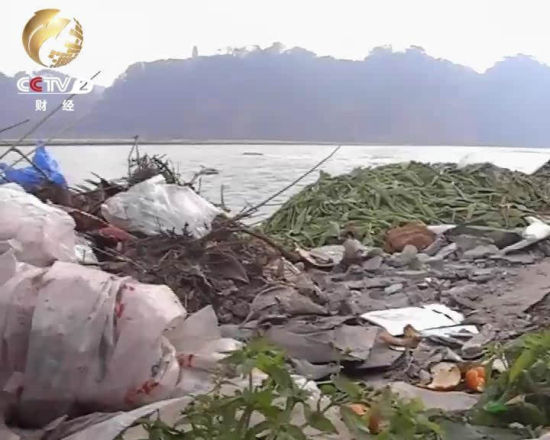 一下船记者就看到 靠近堤坝的河滩上有不少垃圾