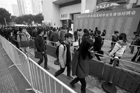 昨天的应届生招聘会,举办方上海国际展览中心配备了足够的警力、安保和工作人员，整个排队队伍被分割成数段，每一段根据前段放行情况安排放行。/晨报记者陈征