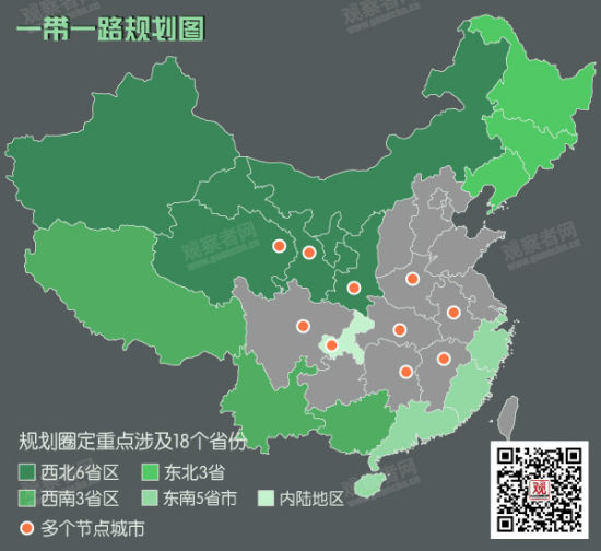  一带一路规划（制图：观察者网） 