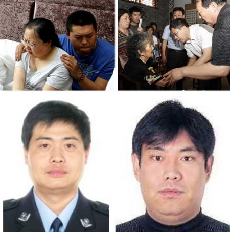 上图左一为薛永清(下图一)的妻子和儿子，右一为牺牲民警袁帅(下图二)的奶奶。图片来源：沧州公安局