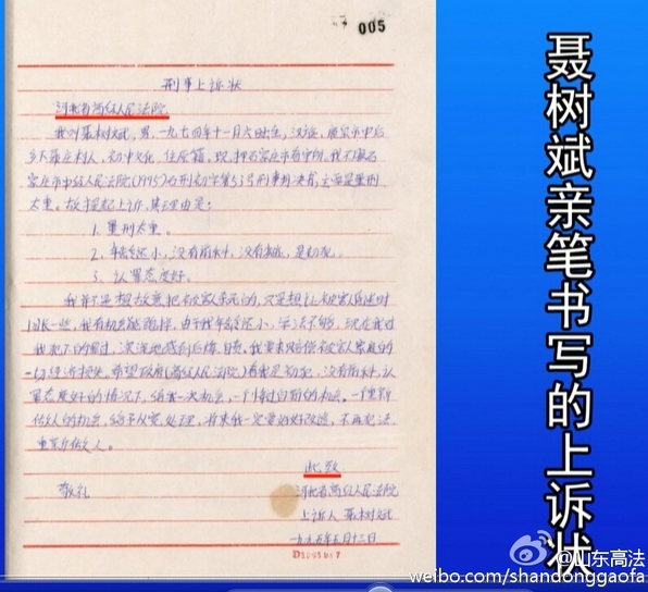 聂树斌亲笔书写的上诉。