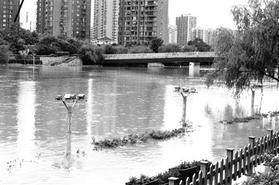 6月28日，南京秦淮河水位暴涨，平时行人锻炼的人行道已被全部淹没。新华报业视觉中心记者 杨素平 摄