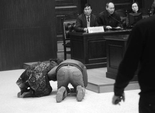 　　嫌疑人武凯的家属向两名受害人的父亲当庭下跪道歉